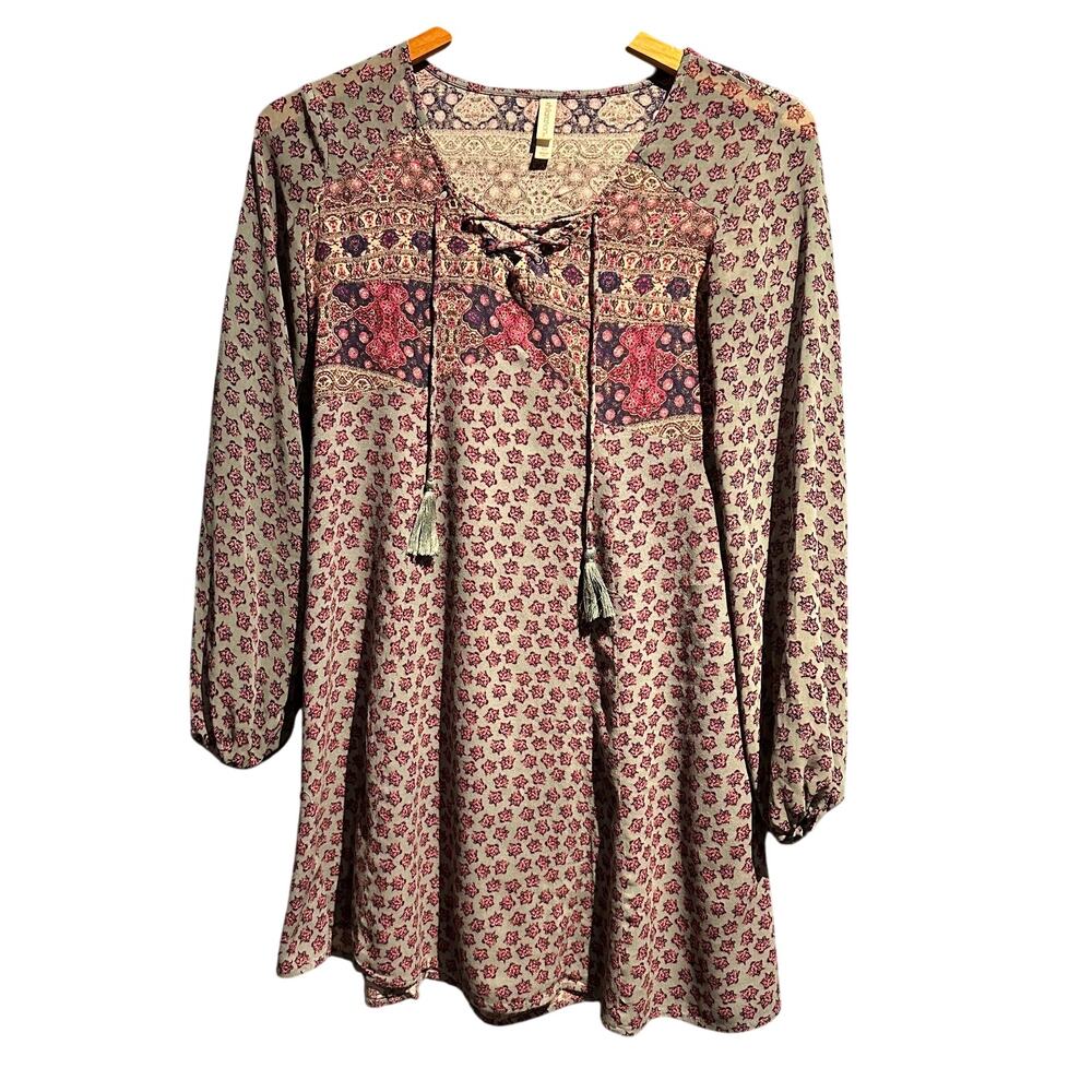 Xhiliration Tunic/Mini Micro Dress Size XS Boho Cottage Floral Tassel Ties